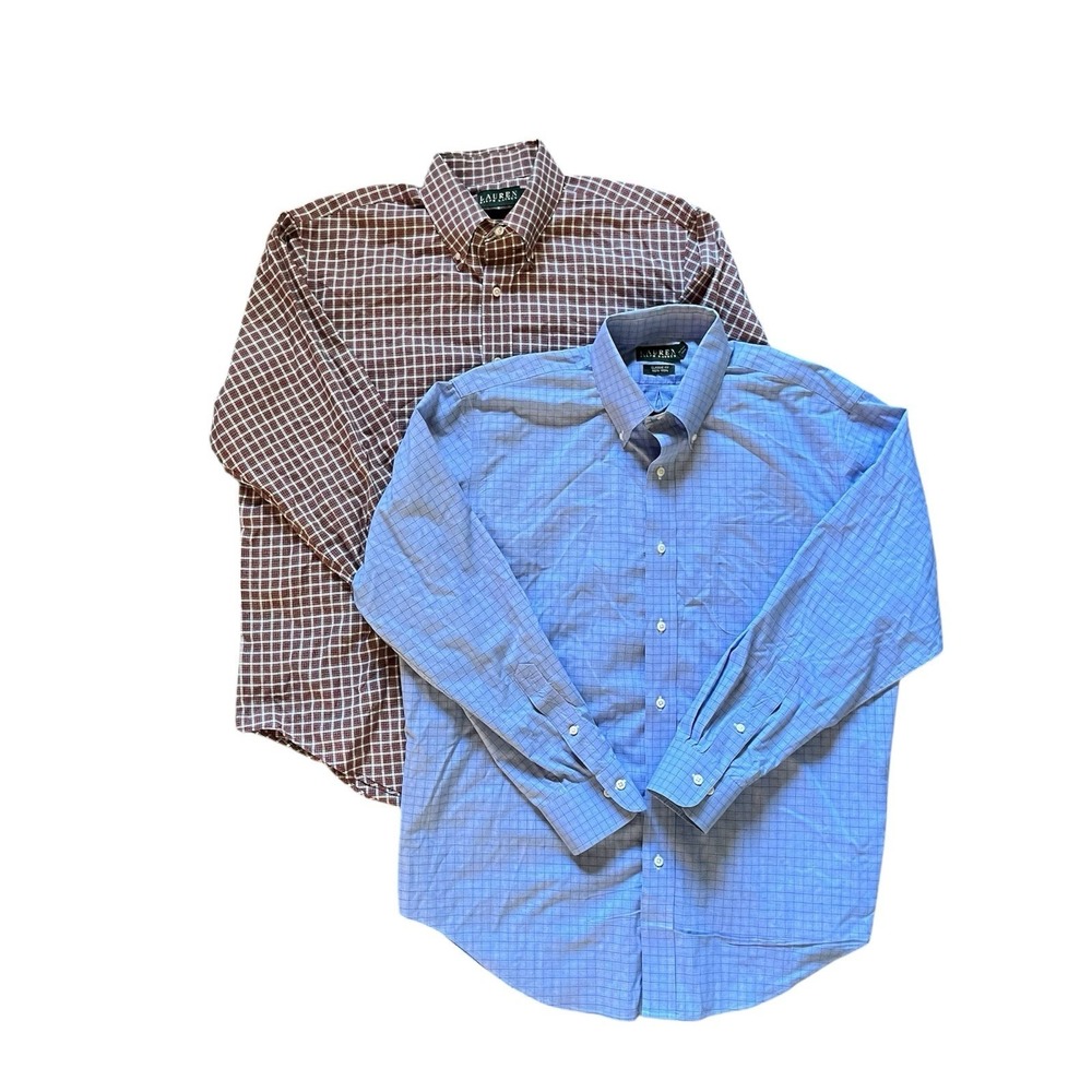 2 Ralph Lauren Classic Fit Stripe Button Up Shirts Size 17 34/35 100% Cotton